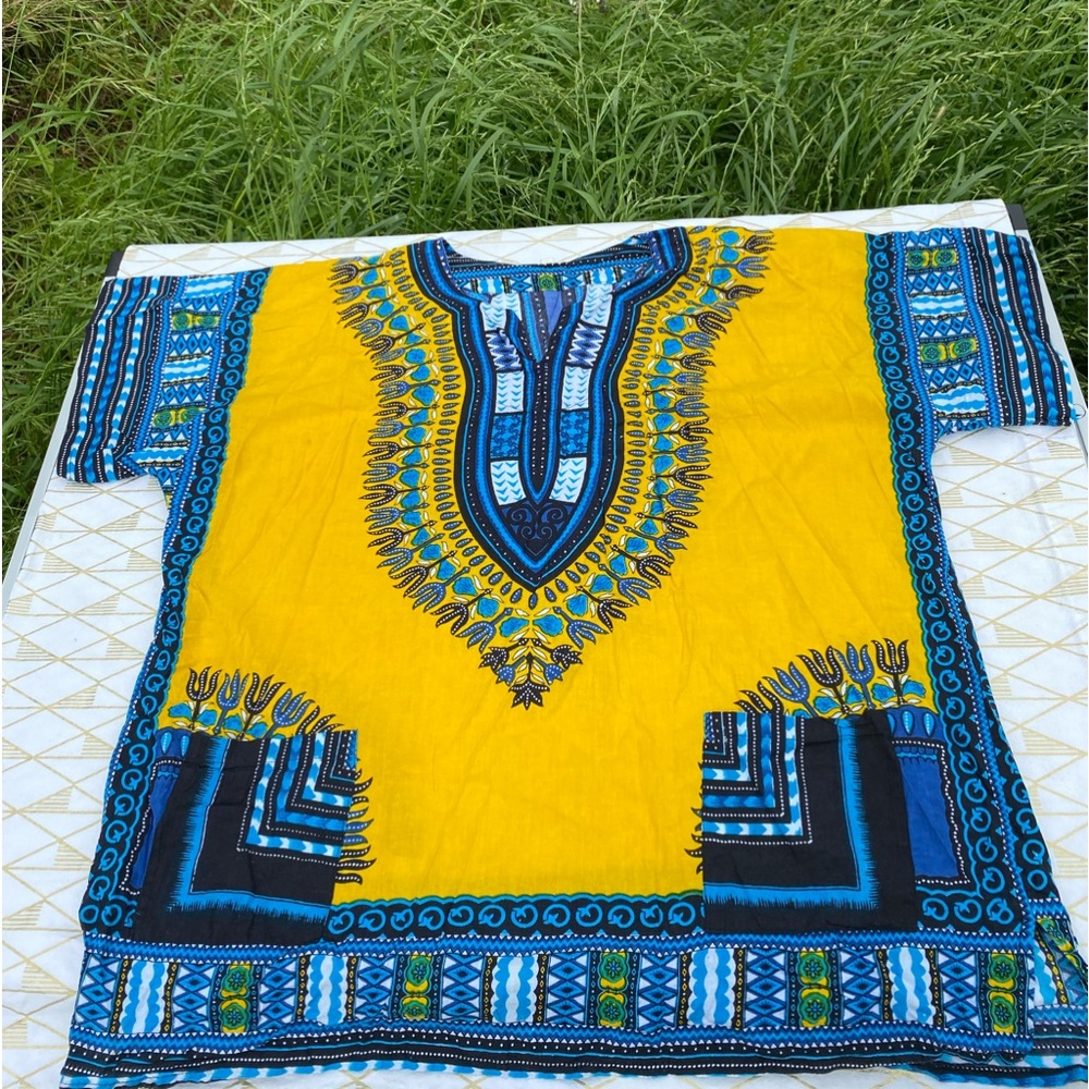 Dashiki Large Size w Pockets / Yellow Blue Shirt in Excellent Condition